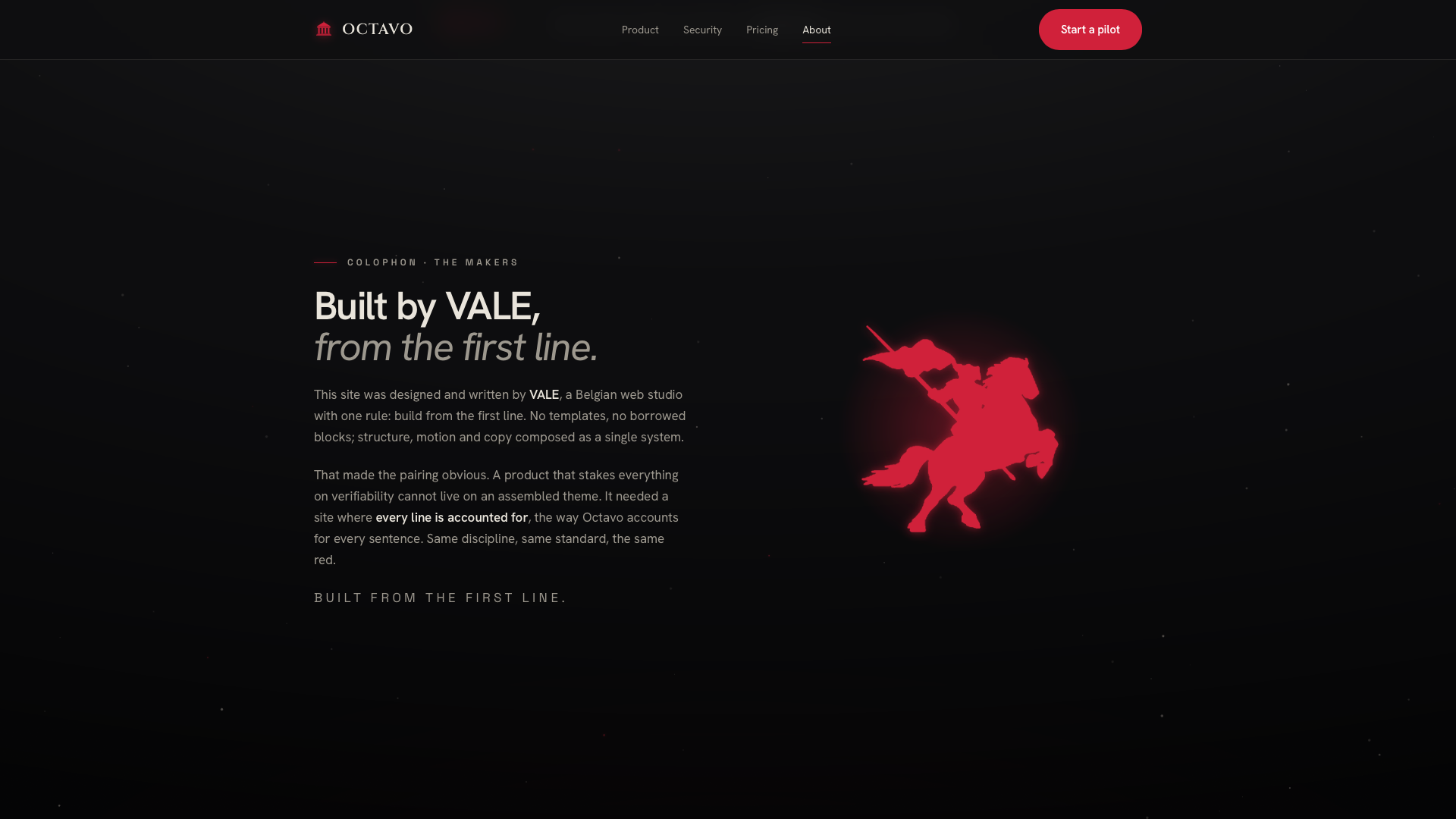 De colofon op de Octavo-site: Built by VALE, from the first line