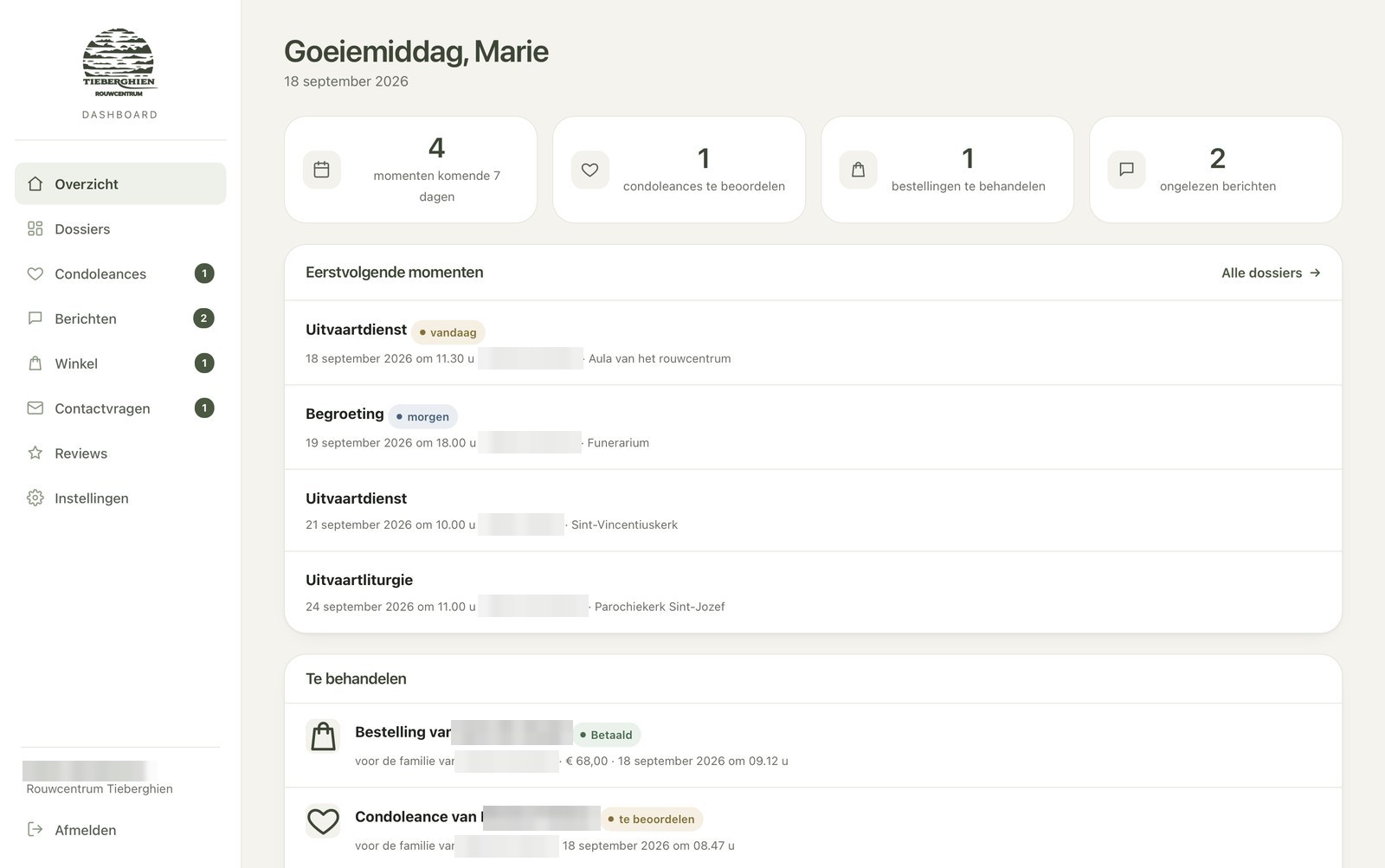 Het dashboard van de beheeromgeving, met de eerstvolgende momenten en wat er te behandelen is