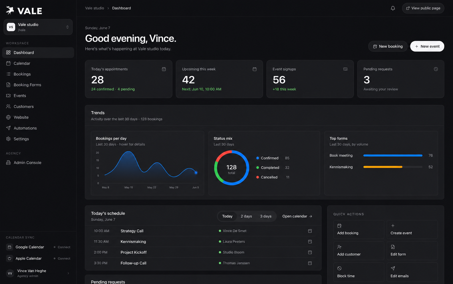 Het VALE booking dashboard, met elke boeking in één werkruimte.